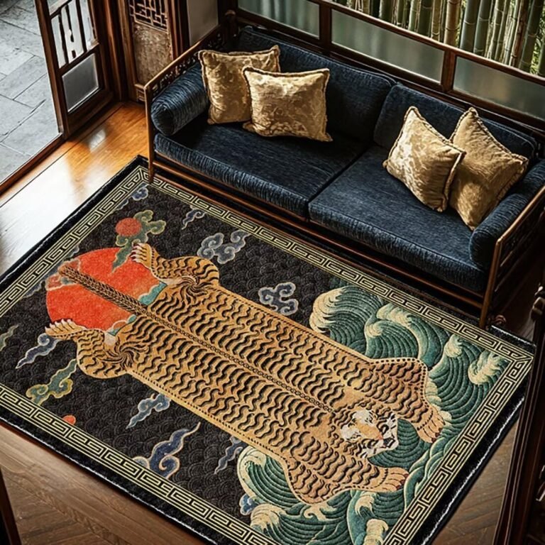 Traditional Bordered Tiger Area Rug Oriental Tibetan Tiger Washable Rugs 5x7ft for Bedroom Study Room Retro Artistic Carpet Non-Slip Ultra Thin Floor Mats