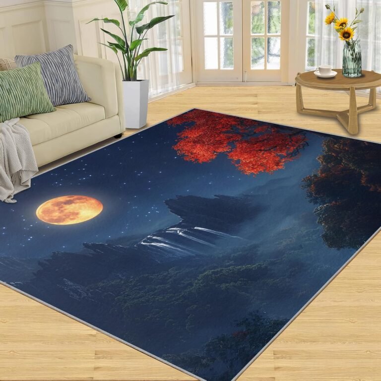 Moon Redwood Tree Rugs for Girls Room, Mountain Night Scene Area Rug, Washable Bedroom Rug for Living Room Study Office Decor Floor Mat 5×6