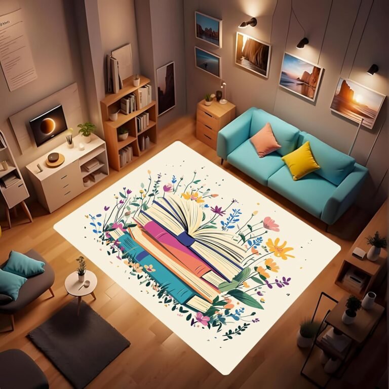 Reading Book Cartoon Carpet, Book Floral Elements, Washable Non-Slip Cute Cartoon Soft and Comfortable Carpet, Children’s Floor Game mat Suitable for Bedroom Living Room Study Dormitory 40x60inch