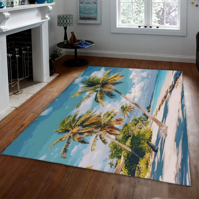 Palm Tree Pattern Thin Area Rugs 7×9 Summer Beach Holiday Style Carpets for Bedroom Easy to Clean Comfortable Floor Mat for Study Room