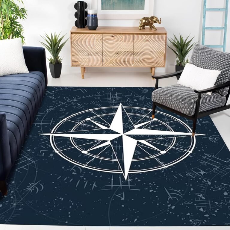 Blue Compass Pattern Printed Non-Slip Doormat, 5x8ft/60x96in, Nautical Theme Non-Slip Floor Mat Area Rug, Carpet for Bedroom Living Room Study Playing Carpet