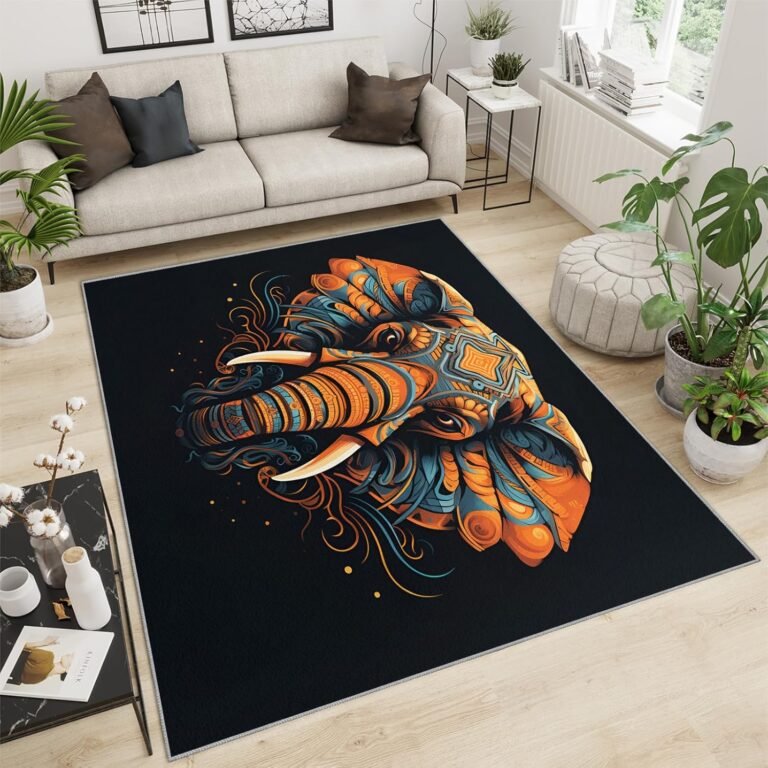Indian Elephant Area Rug, Boho Animal Elephant Living Room Rug, Low Pile Non Slip Home Decor Carpet for Bedroom Study Office Kitchen Dining Room Floor Mat – 5 ft x 8 ft