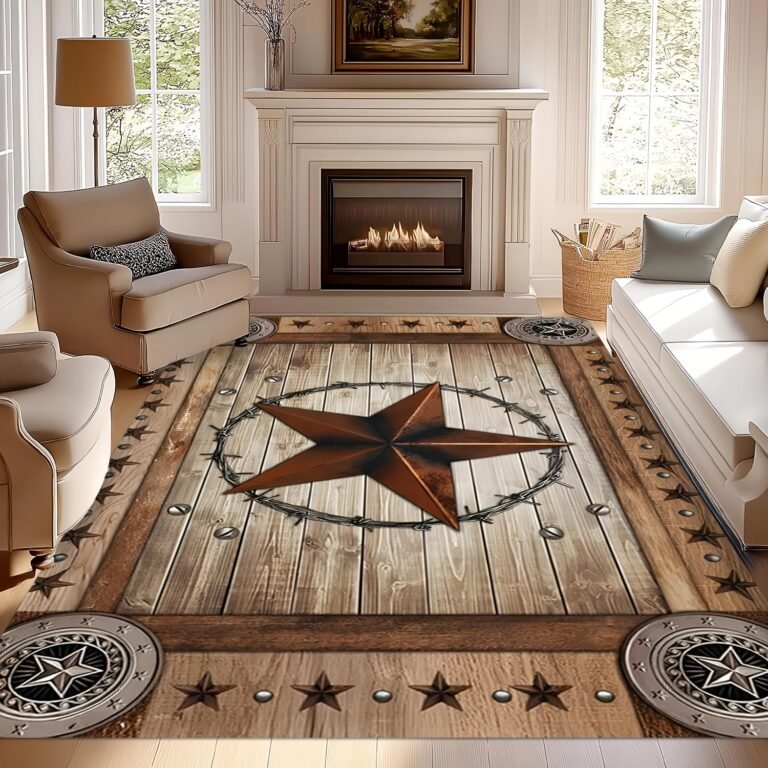 Texas Star Area Rugs, 5x7ft, Retro Barn Brown Star Runner Carpets, Low Pile Shed Resistant Easy Clean Mat, Foldable Machine Washable Rug for Bedside Study Room Kitchen