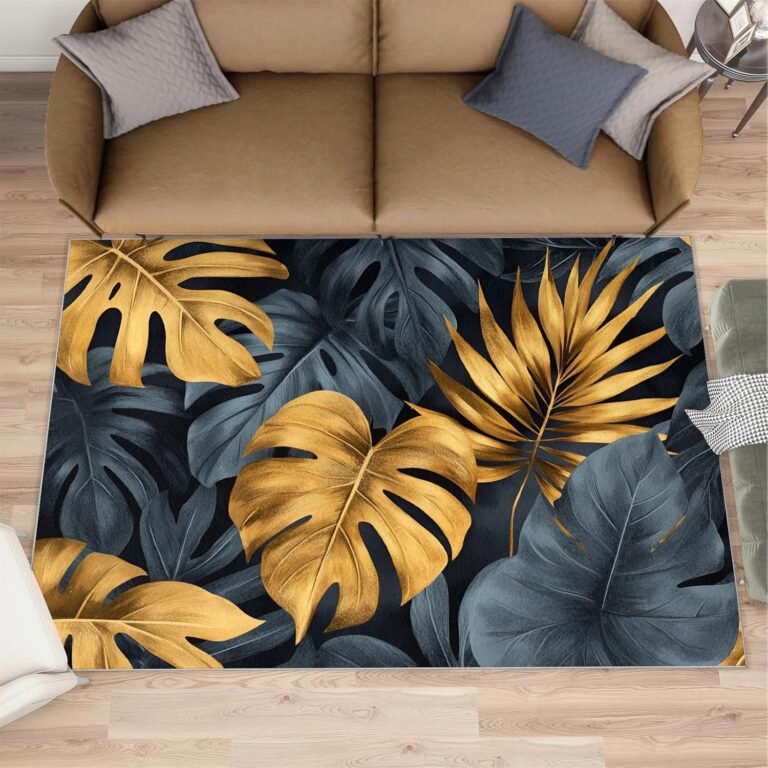 Golden Green Palm Leaves Rugs for Girls Room, Tropical Plants Area Rug, Washable Bedroom Rug for Living Room Study Office Decor Floor Mat 5×6