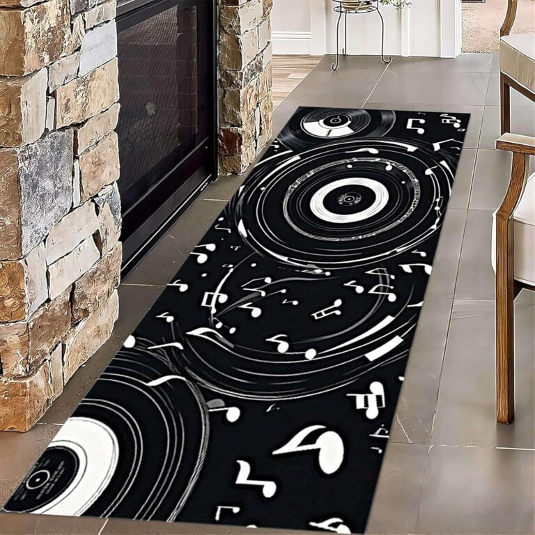 Music Record Black Area Rug, 2x7ft Black Record Music Note Print Hallway Rug for Bedroom Living Room Study Playing,Non-Slip Washable No Shedding Floor Mat Carpet Home Decor Rugs