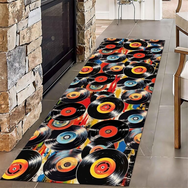 CD Record Long Hallway Rug Runners, 2x6ft, Retro Music Vinyl Record Floor Rugs, Foldable Thin Anti-Slip Area Carpet, with Non Slip Backing Reduce Noise Carpets for Study Room Entry
