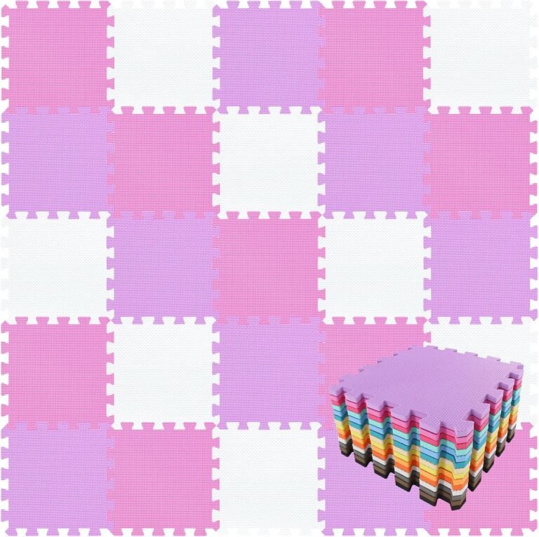 qqpp EVA Rubber 18 Tiles Interlocking Puzzle Foam Floor Mats – Baby Play Mat for Playing | Exercise Mat for Home Workout. White, Pink, Purple. QC-ACKb18N