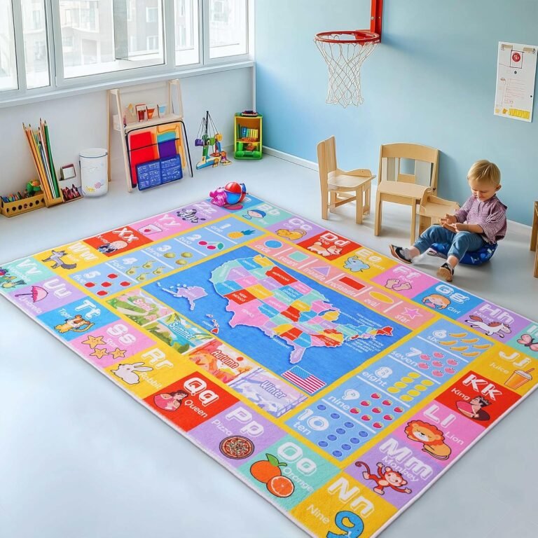 Kids Rugs for Playroom – Soft & Non-Slip 5×7 Feet Educational Rug for Learning ABC Alphabet, Numbers, Shapes & Map, Washable Classroom Rug for Toddler Nursery & Kids Room Decor