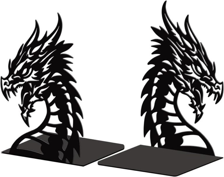 Peacoblue Metal Bookends for Shelves, Modern Decorative Heavy Duty Study Book Support Stoppers for Office, Desk, Shelf, Room 5.3″x4.3″x7.9″ Cast Iron Simple Tall Bookends, 1 Pair (Dragon Head)