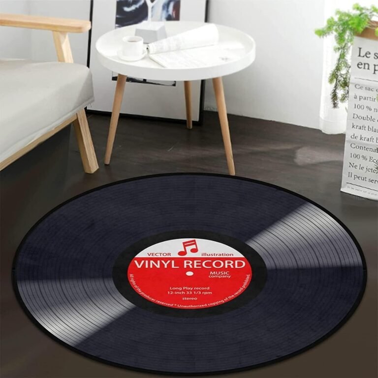 keepcute Music Record Black Round Area Rug for Bedroom Living Room Study Playing,Non-Slip Floor Mat Carpet Home Decor Rugs, 3′ Diameter