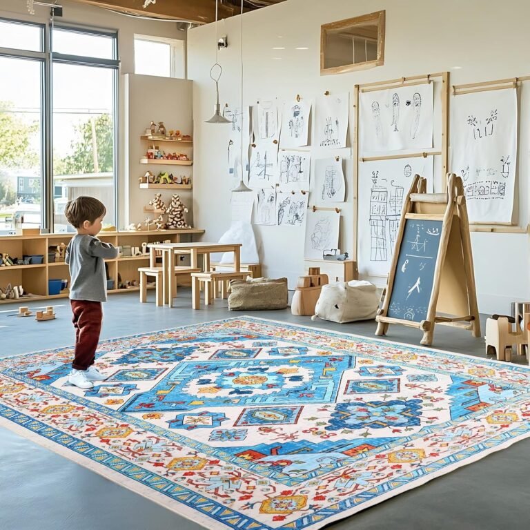 Instellar 5×7 Kid’s Palyroom Rug-Vintage Boho Floral Rug,Washable Non-Slip Stain Resistant Low Pile Carpet-Suitable Bedroom,Study,Kids Playroom,Indoor,Living Room(Blue)