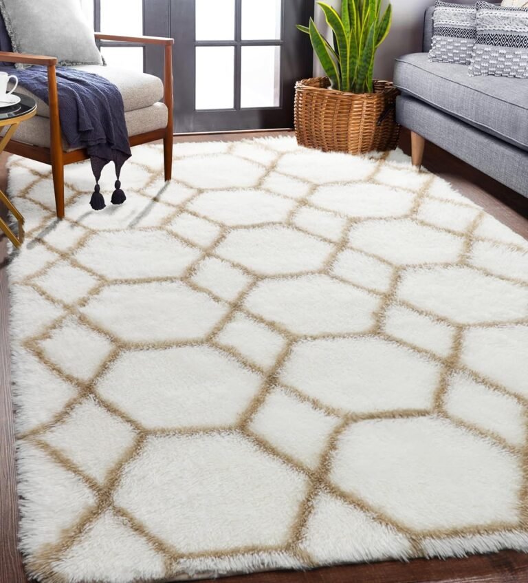 ONASAR Area Rugs for Bedroom Living Room, Washable 4×6 Fluffy White and Beige Throw Rug, Geometric Boho Shaggy Soft Plush Floor Carpet for Nursery Kids Girls Boys Teen Dorm Home Decor Aesthetic