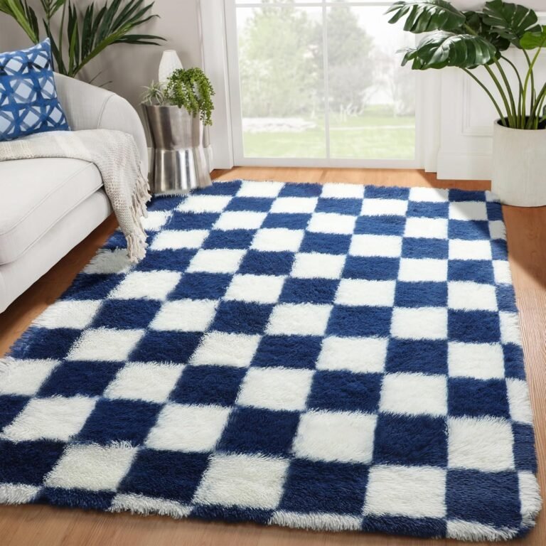 KICMOR Navy Blue and Cream White Rugs for Living Room, 4×6 Fluffy Fuzzy Shag Checkered Rug Shaggy Carpet for Bedroom, Soft Plush Area Rug for Nursery Toddler Room Classroom Study Room Kids Room