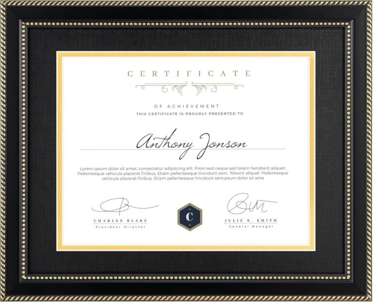 11×14 Diploma Frame for 8.5×11 Certificate Document with Black over Gold Mat Certificate Frame for Diploma Degree with HD Tempered Glass Graduation Picture Frame for Wall, Black
