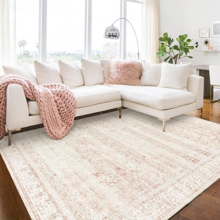 Nursery Rug for Baby Girl Neutral Blush Pink Boho Floral Washable Soft Faux Wool Area Rugs for Living Room Bedroom,5×8