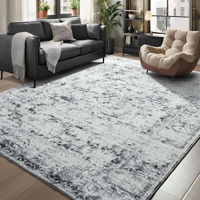 Unirea 5×7 Area Rugs for Living Room Bedroom, Washable Light Grey White Non Slip Low Pile Vintage Indoor Area Rug, Large Boho Abstract Soft Carpet, Gray Rugs for Dining Room Study Office Kids Room