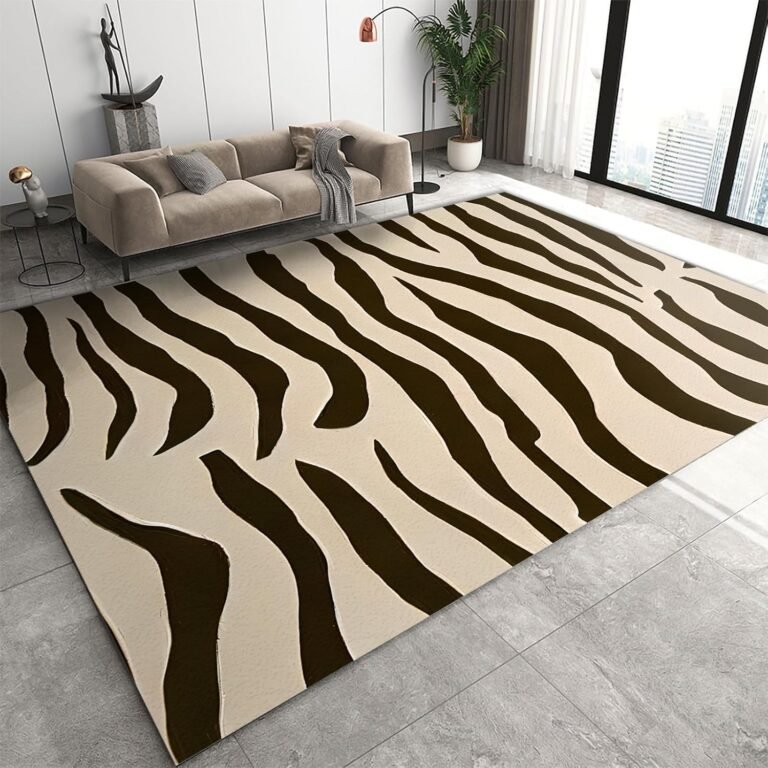 Dark Brown Zebra Print Area Rug, Beige Background Indoor Non Slip Living Room Rug, Low Pile Foldable Home Decor Carpet for Bedroom Study Office Kitchen Dining Room Floor Mat – 3 ft x 5 ft