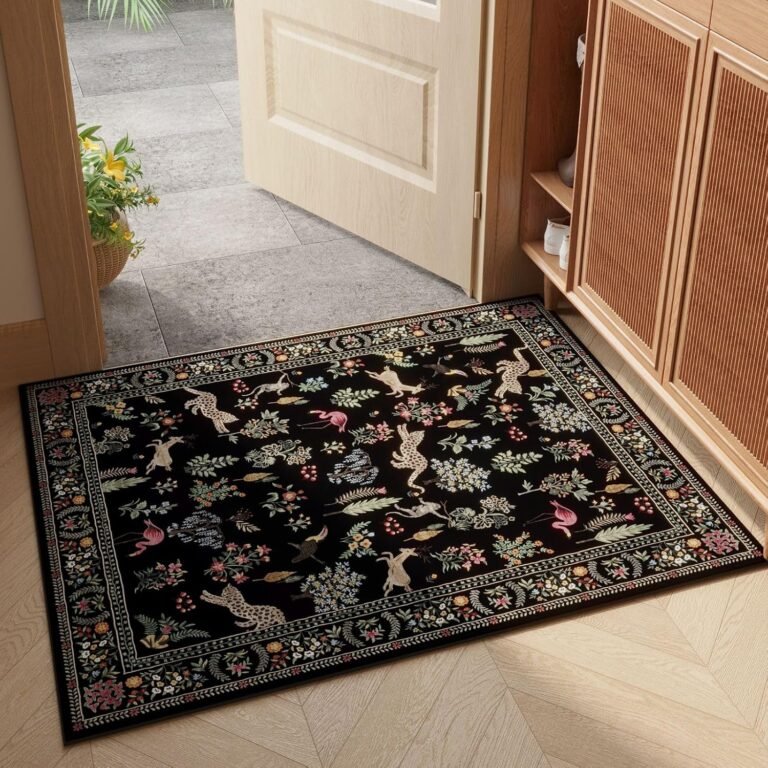Rugcomf Door Mat Indoor Entrance 2×3 Rug Machine Washable Boho Floral Animal Small Area Rug Non-Slip Low Pile Throw Rugs for Entryway, Kitchen, Front Door Indoor Entrance, Entry, Kids Room (Black)