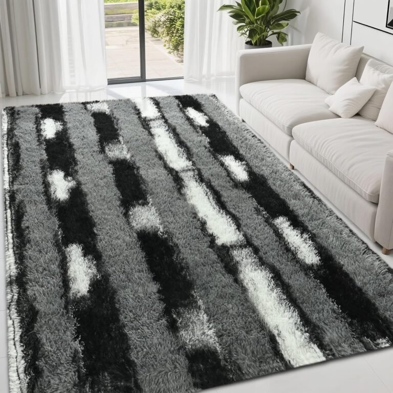Fluffy Area Rugs for Bedroom Living Room, 4×6 Black and Grey Soft Plush Striped Rug, Modern Indoor Non Slip Washable Carpet, Furry Throw Carpets for Home Decor