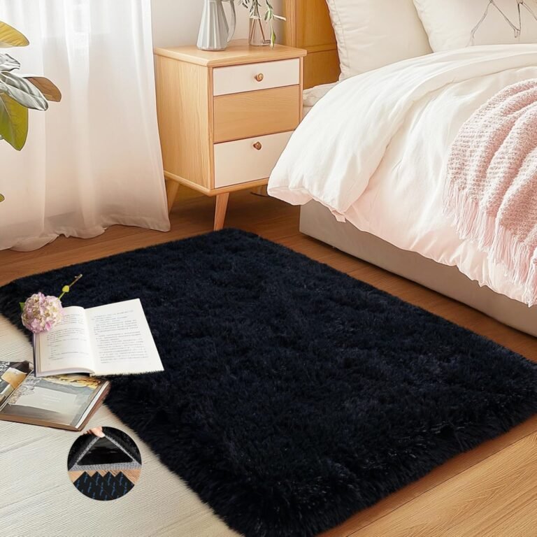 Black Area Rug for Bedroom, 2×3 Small Rugs for Living Room Nursery Kids Room Dorm Home Decor Aesthetic, Fluffy Shaggy Rug with 4 Anti-Slip Carpet Tapes
