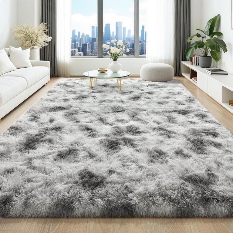 HQAYW 8×10 Fluffy Tie-Dyed Grey White Area Rugs for Living Room Bedroom, Large Ultra Soft Plush Shaggy Bedside Rug, Non-Slip and Machine Washable Carpet for Dorm Nursery Classroom Home Decor