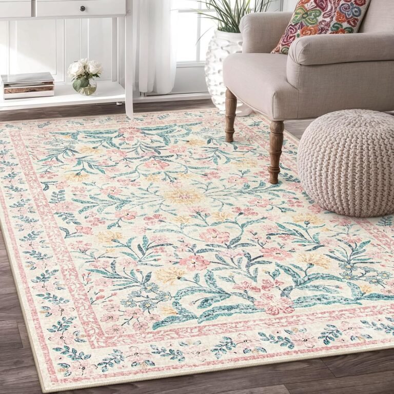 Wonnitar Pink Rugs for Bedroom Girls, 5×7 Washable Rug for Nursery Decor, Boho Soft Floral Carpet Non Slip, Indoor Ultra-Thin Floor Carpet for Baby Kids Room Living Room Dorm