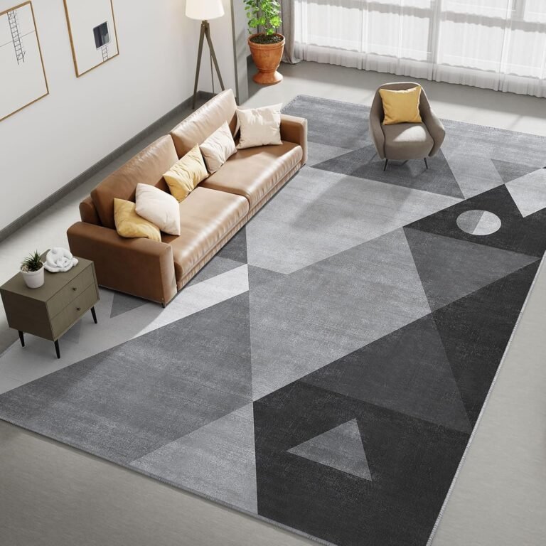 HOMFINE Washable Modern Area Rug – Geometric Style 5×7 Rugs for Living Room, Bedroom, Machine Washable Rug Soft Non Slip Non Shedding Area Rug – Grey, 5’x7′