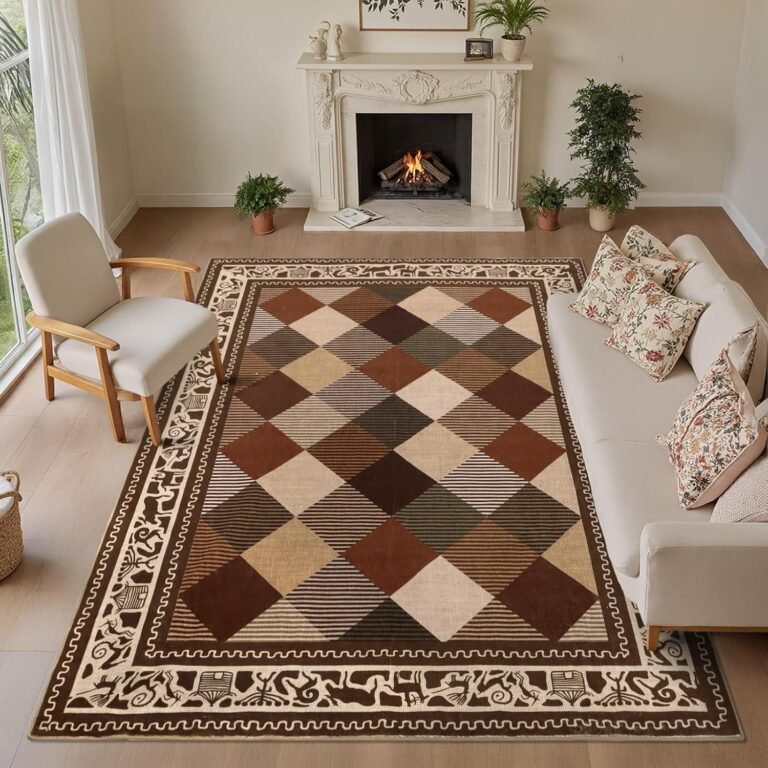 nesrt Boho Brown Washable Area Rugs for Living Room 5x7Ft, Soft Trellis Checkered Bedroom Rugs, Large Tribal Plaid Floor Carpets for Dining Room Nursery Kitchen Study Office