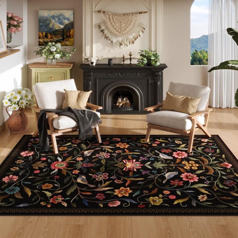 Vintage Medallion Floral 4×6 Rug, Machine Washable Non-Slip Area Rug, Low Pile Soft Carpet for Entry, Living Room, Office, Kids, Girl/Boys Room | Black