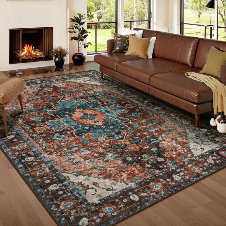Ciicool Area Rug 5x7ft Washable Rugs for Living Room Non-Slip Indoor Rugs Large Low-Pile Mat Floor Carpet Vintage Rug for Bedroom Dinning Foyer Decor (Brick Red/Dull Teal)