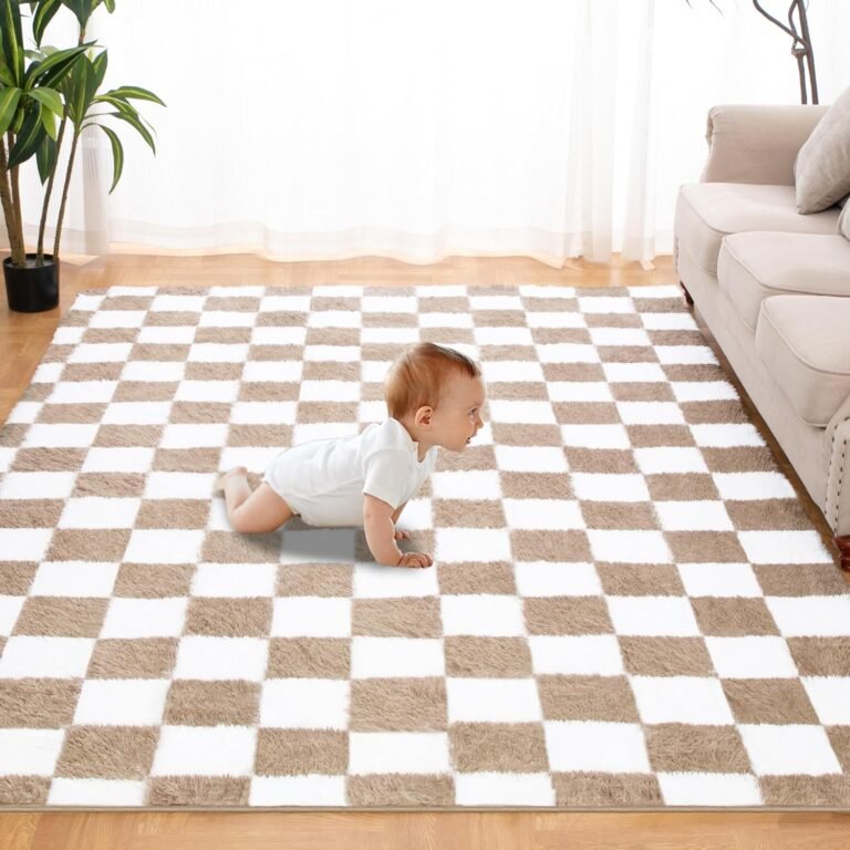 Super Soft Rug for Bedroom, 5×7 Ft Beige and White Area Rug Classic Checkered Shaggy Anti-Skid High Pile Soft Fluffy Rug Fuzzy Carpet for Living Room Bedroom Kids Room Nursery, Dorm Home Decor