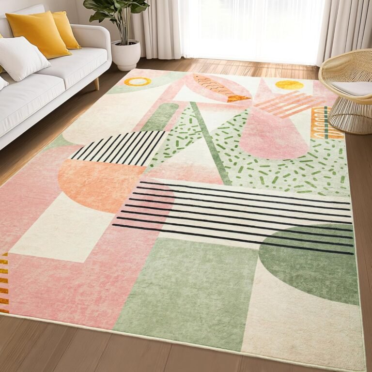 Tepook Pink Area Rug for Living Room, 5×7 Indoor Carpet for Bedroom Washable, Non-Slip Abstract Print Kids Rug for Nursery Playroom Classroom Dorm Office Dining Room