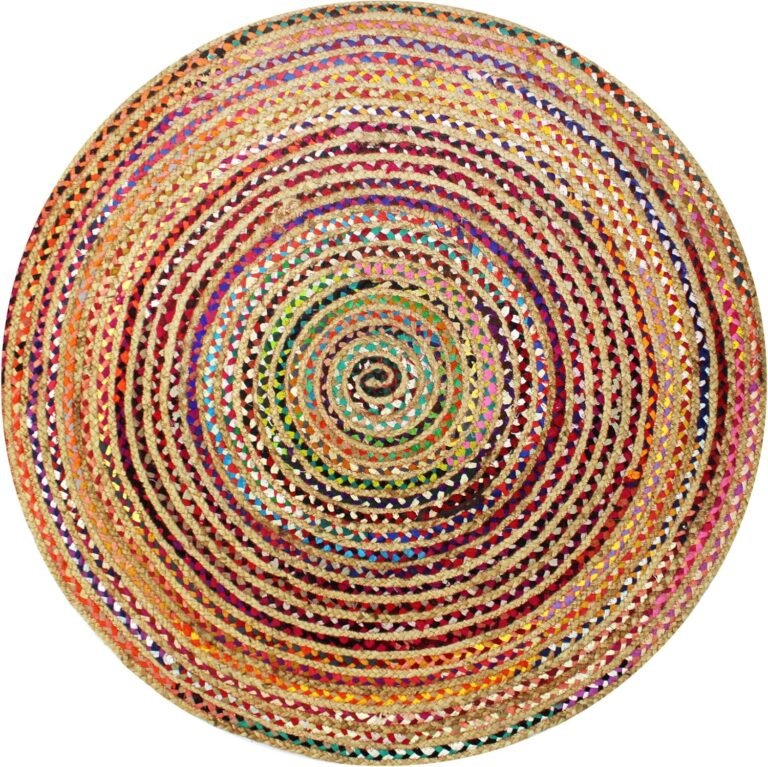 COTTON CRAFT Jute Chindi Braid Rag Rug – Boho Farmhouse Rustic Area Accent Throw Rug – Handwoven Reversible Natural Recycled Cotton – Living Room Den Study Home Décor Gift – 4 Feet Round – Multi Color