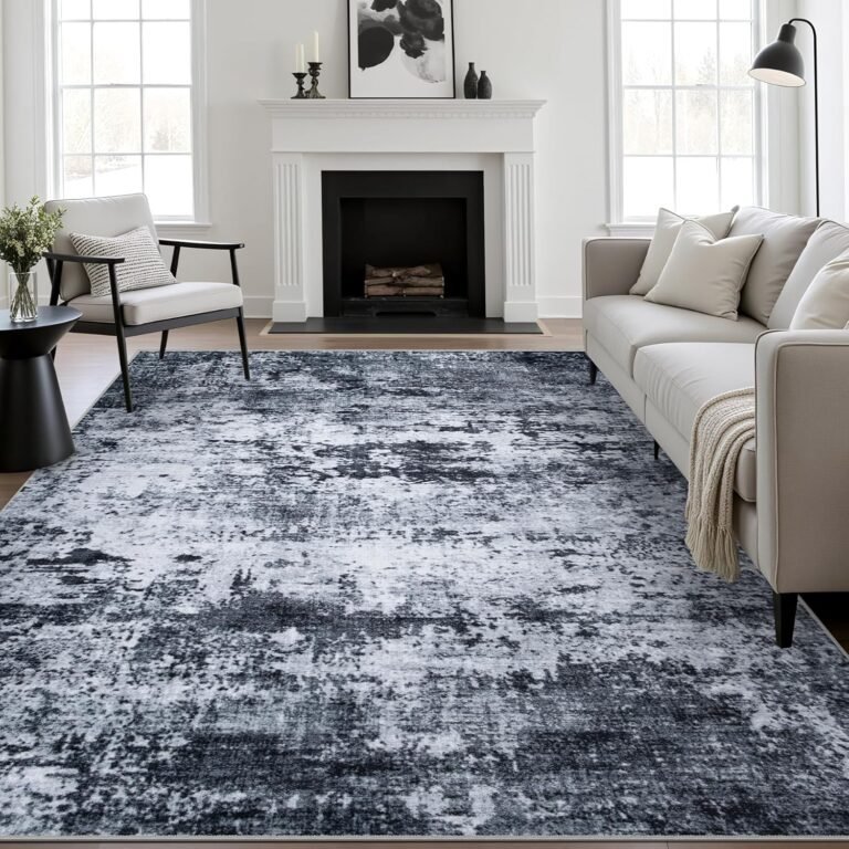 5×7 Area Rug Living Room Rug: Washable Modern Abstract Soft Thin Rug Indoor Floor No Slip Stain Resistant Carpet for Bedroom Dining Room Farmhouse Nursery Home Office – Black
