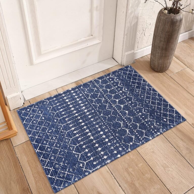 AMIDA Indoor Door Mat 2’x3′ Non-Slip Floor Mats Entryway Rug,Boho Geometric Washable Dirt Trapper Flat Woven Area Rug for Inside Outside Entry/Patio/Garage/Kitchen/Laundry/Shoes Mat,Dark Blue