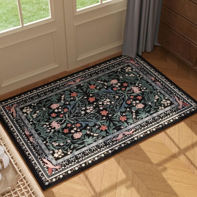 Door Mat Indoor Entrance 2×3 Rug Machine Washable Vintage Floral Botanical Small Area Rug Non-Slip Low Pile Throw Rugs for Entryway, Kitchen, Front Door Entrance, Entry, Kids Room, Black