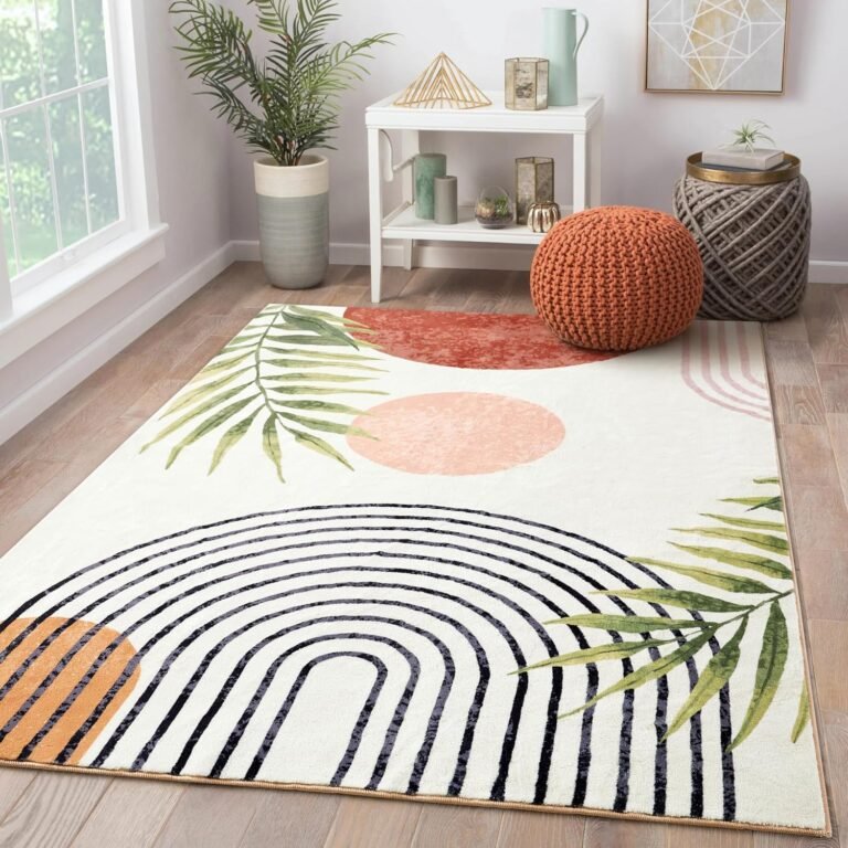 RoomTalks Boho Cute 3×5 Small Area Rugs Washable, Modern Abstract Geometric Shape with Tropical Leaves Non Slip Throw Rugs for Bedroom Kitchen Entryway Indoor Botanical Accent Carpet