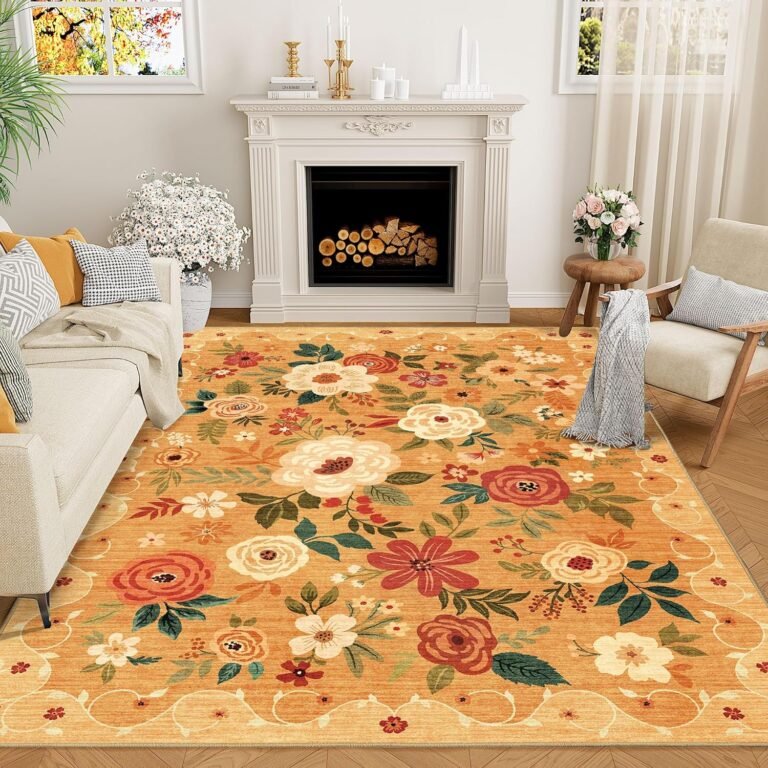 DUKINO 5×7 Area Rug, Floral Rugs for Living Room, Lightweight Non Slip Washable Rug, Indoor Low Pile & Non-Shedding Boho Design Rugs for Bedroom, Living Room, Dining Room, Orange