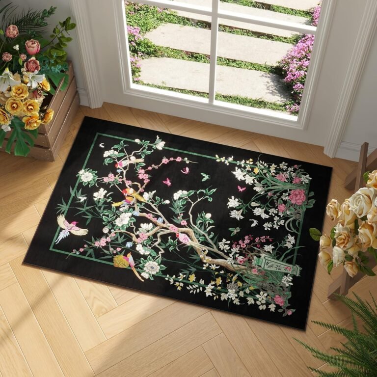 Door Mat Indoor Entrance 2×3 Rug Chinoiserie-Style Floral Vintage Machine Washable Small Area Rug Non-Slip Low Pile Throw Rugs for Entryway, Kitchen, Front Door, Entry, Kids Room, Black