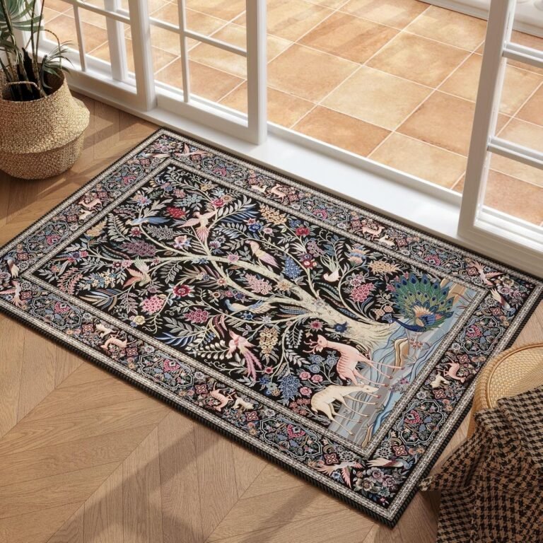 Rugcomf Indoor Door Mat 2×3 Rug Vibrant Tree of Life-Patterned Vintage Machine Washable Small Area Rug Non-Slip Low Pile Throw Rugs for Entryway Kitchen Front Door Entrance Entry Kids Room, Black
