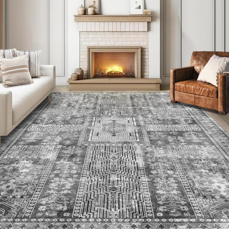 Vintage 5′ x 7′ Washable Area Rug – Stylish Indoor Rug for Living, Dining or Bedroom – Lightweight Carpet with Non-Slip Backing – Foldable for Easy Placement and Maintenance – Grey