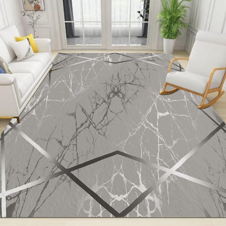 Silver Stripes Area Rug,Abstract Marble Texture Grey Rug,Machine Washable Rugs Living Room Bedroom Soft Low Pile Rug Non Slip Floor Decor Study Carpet 4 x 6ft