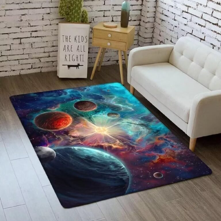 Green Outer Space Area Rug Large 5ft×7ft Universe Printed Floor Mats for Kids Bedroom Study Play Room Non Skid Decorative Indoor Floor Mats
