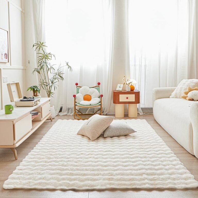White Creamy Rabbit Plush Area Rug for Bedroom Living Room Sofa,3’X5′ Faux Fur Fluffy Shaggy Rectangular Square Rug for Kids Teen Girls Room,Furry Carpet Rug for Nursery Baby Room Decor for Teenage