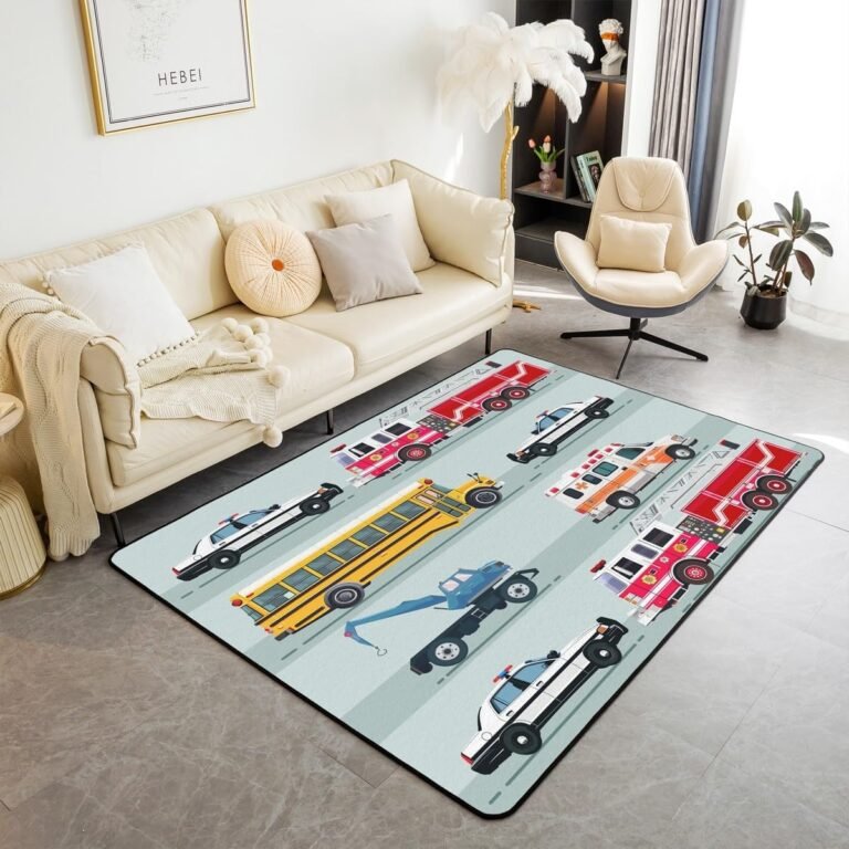 Erosebridal Fire Truck Area Rug,Police Car Rug,School Bus Carpet for Kids Boys Teens Youth,Equipped Truck Cartoon Vehicle Indoor Floor Mat Bedroom Dorm Decor Cartoon Playroom Rug 3×5