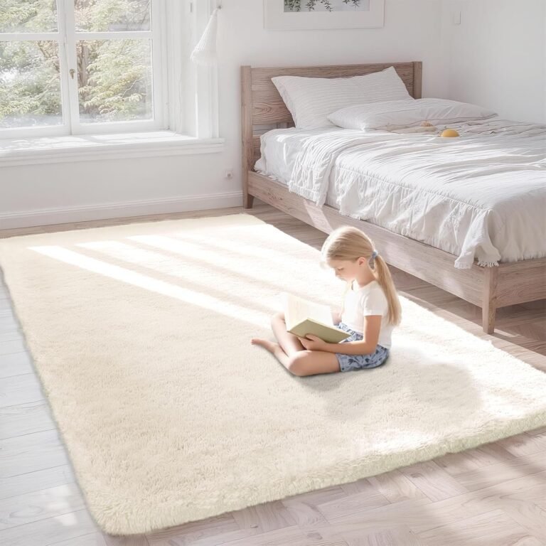 Shag Cream Rug Small 3×5 Area Rugs for Bedroom Bedside Dorm Living Room, Non-Slip Ultra Soft Fluffy Rugs for Kids Room, Girls Room, Study, Office, Playroom, Easy to Clean, Small Carpet Décor