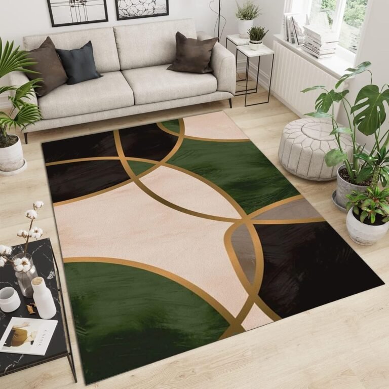 Light Luxury Emerald Green Gold Area Rug, Modern Fashion Black Beige Geometric Print Bedroom Rug, Non-Slip Durable Washable Soft Carpet for Living Room Office Study Boy Kid Room 2ftx3ft
