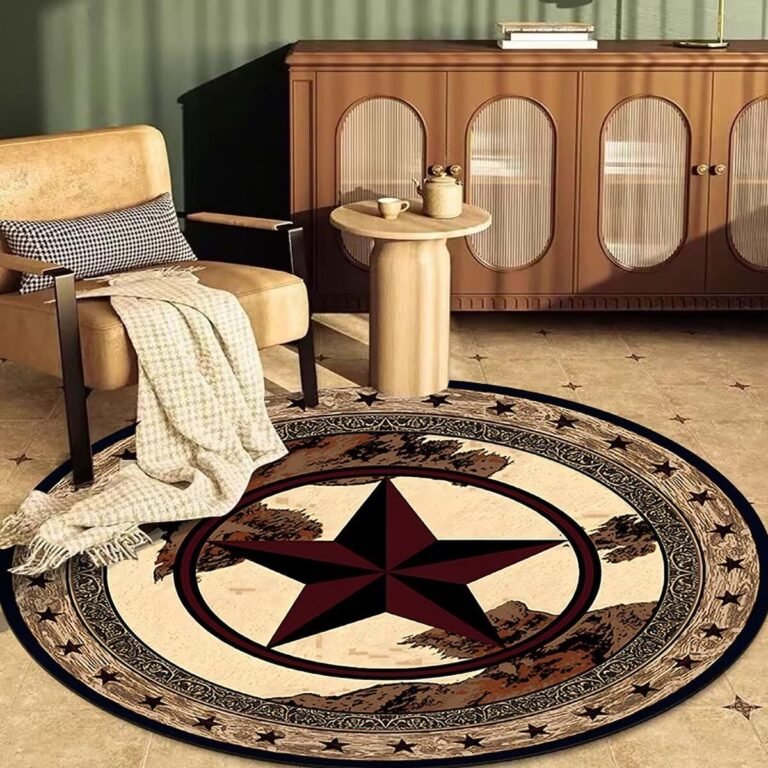 Round Rustic Texas Stars Area Rug 4Ft Western Cowboy Bordered Circular Rugs for Bedroom Study Room Low Pile Farmhouse Floor Mats