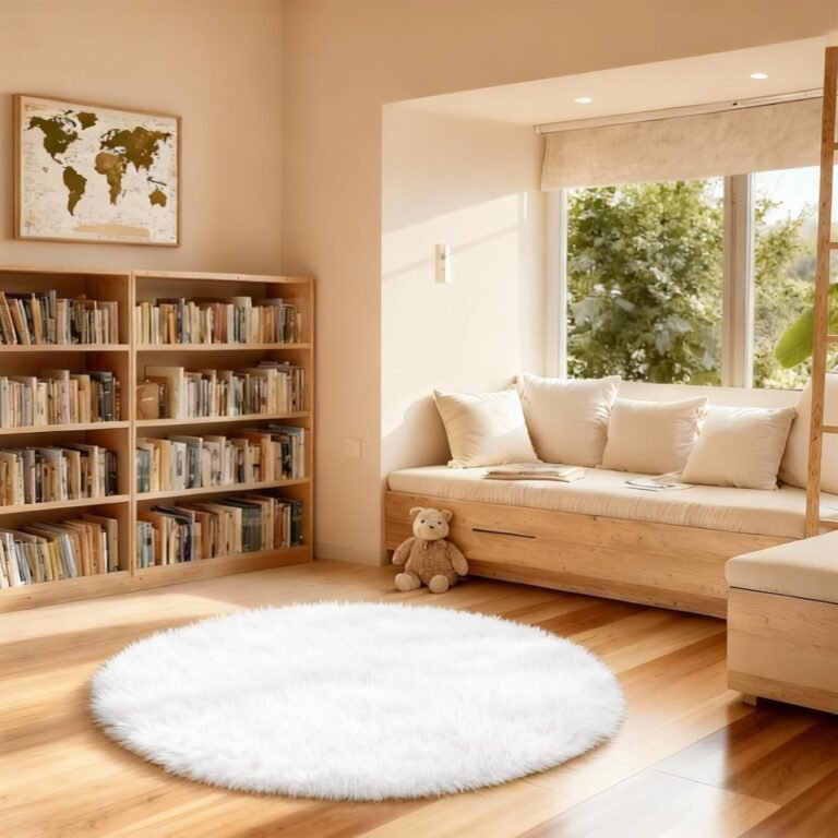 White Round Rug, Soft Fluffy 4ft Circle Area Rugs, Shaggy Carpet for Children Kids Girls Room Study, Dorm, Playroom, Office, Non Slip and Non-Shedding, Home Decor Aesthetic