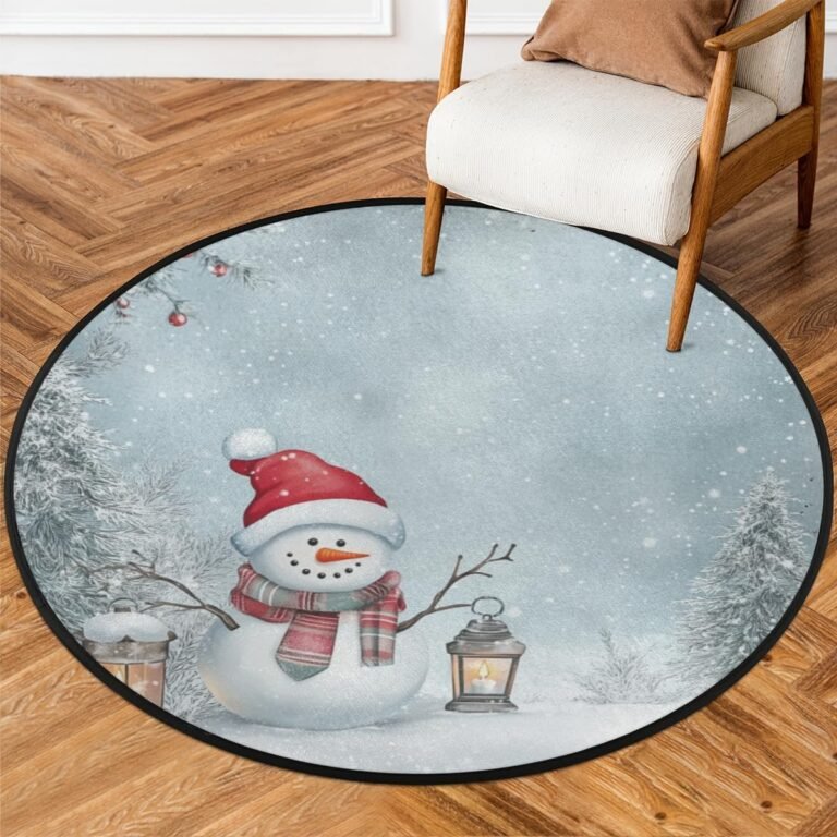 Christmas Snowman Round Area Rug 5Ft Winter Snowman Snowflake Non-Slip Round Rugs Washable Soft Circle Mat Decor Carpet for Bedroom Living Room Dining Room Entryway Nursery Indoor